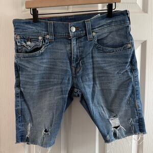 True Religion Ricky Cutoff Denim Shorts Distressed Raw Hem Size 33